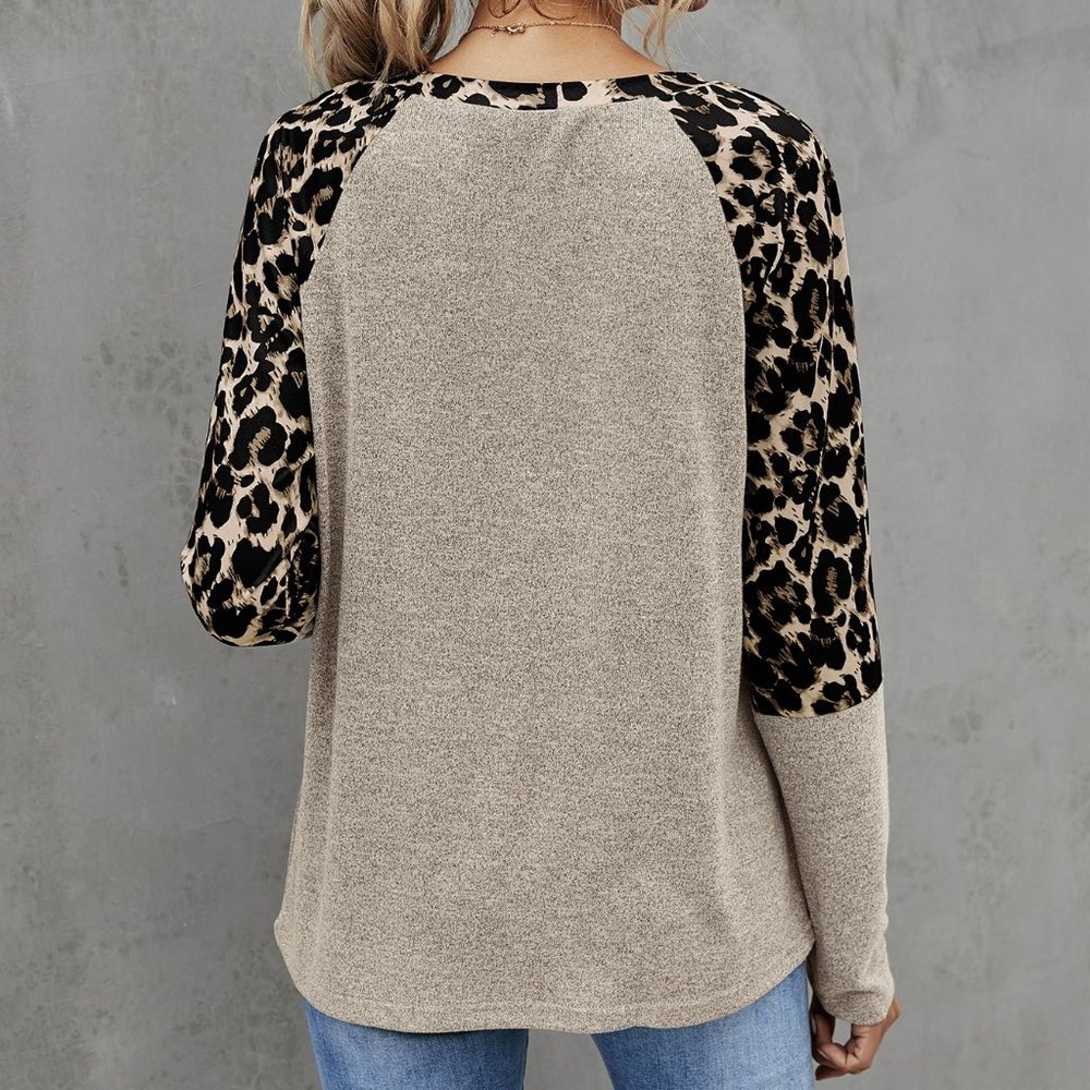 leopard print raglan sleeve top light tan - Picture 3 of 6